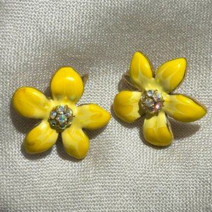 Betsey Johnson Yellow Enamel and Crystal Flower Earrings